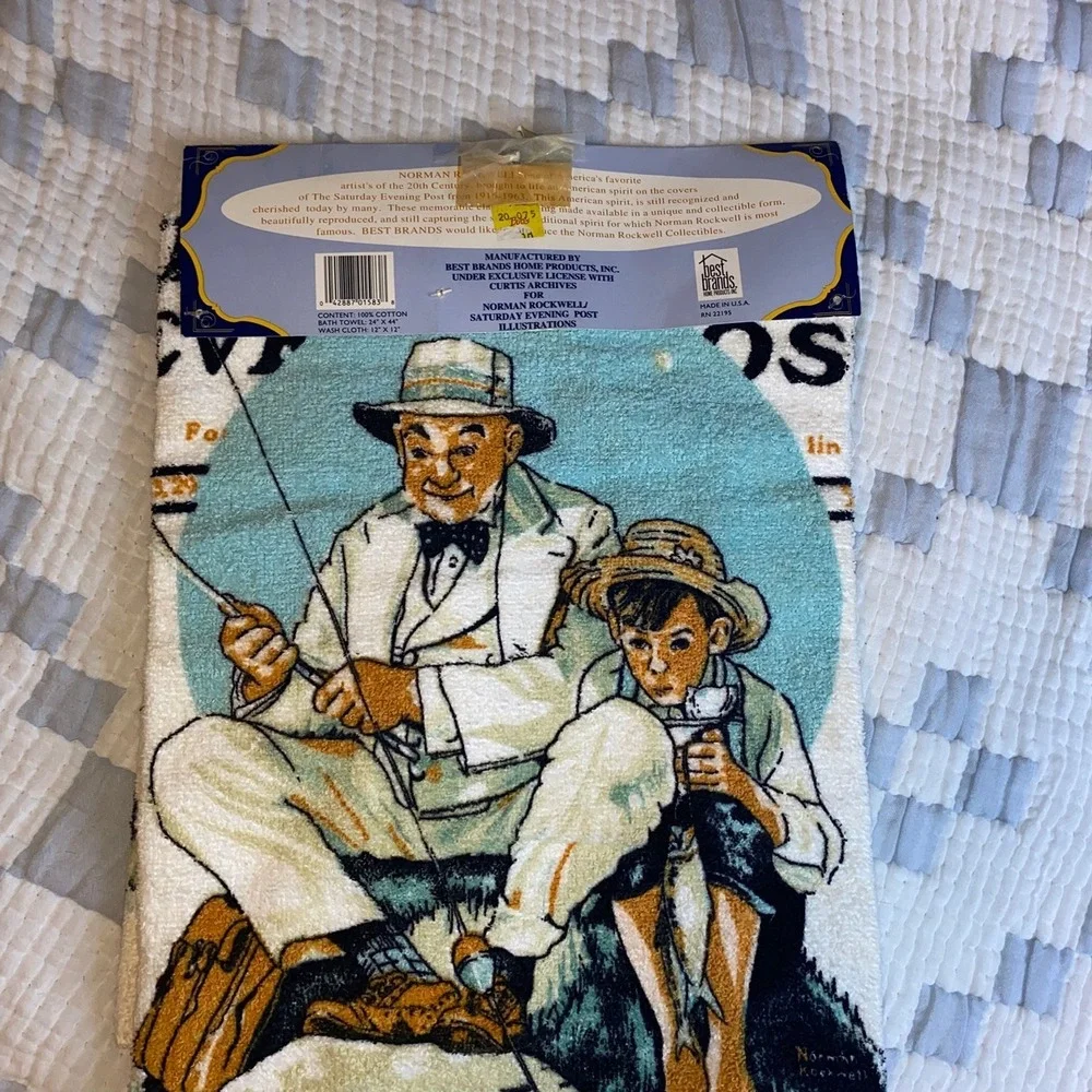 VINTAGE BATH TOWEL SHEET SET NORMAN ROCKWELL SATURDAY EVENING POST original tags